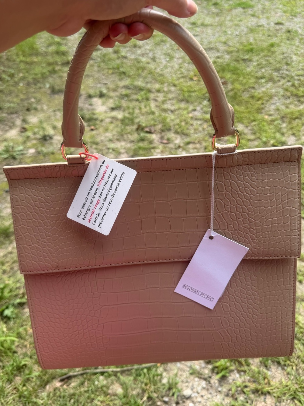 Modern picnic lunch bag Structured Top-Handle Croc-Embossed Handbag in Taupe